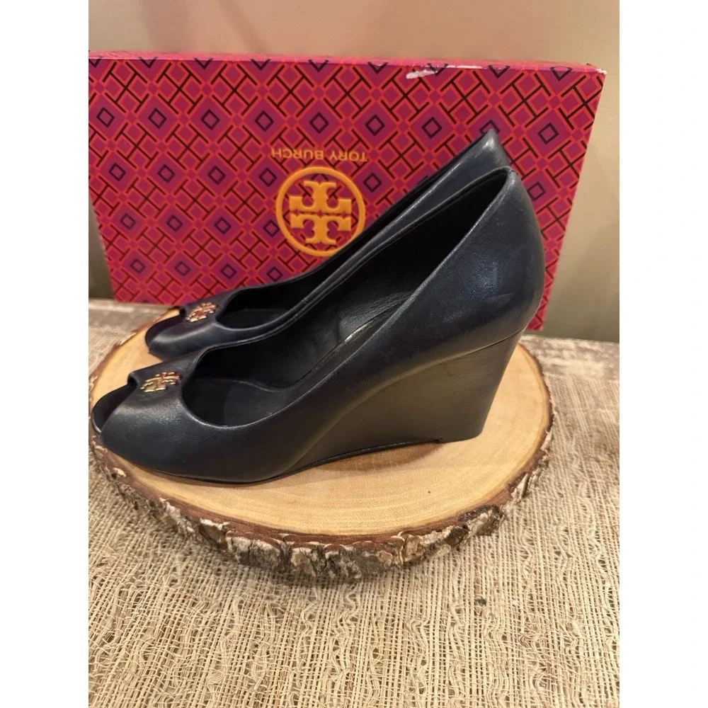 Tory Burch Jolie Peep Toe Wedge Pump Navy Blue Nappa Leather MRSP Sz-8 $290